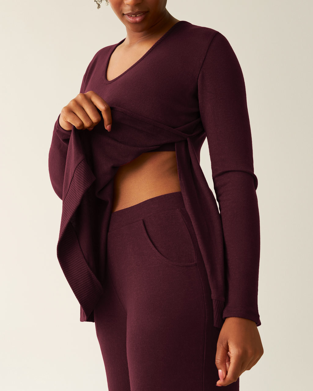CozyKnit Maternity & Nursing V-neck Top | Deep Burgundy
